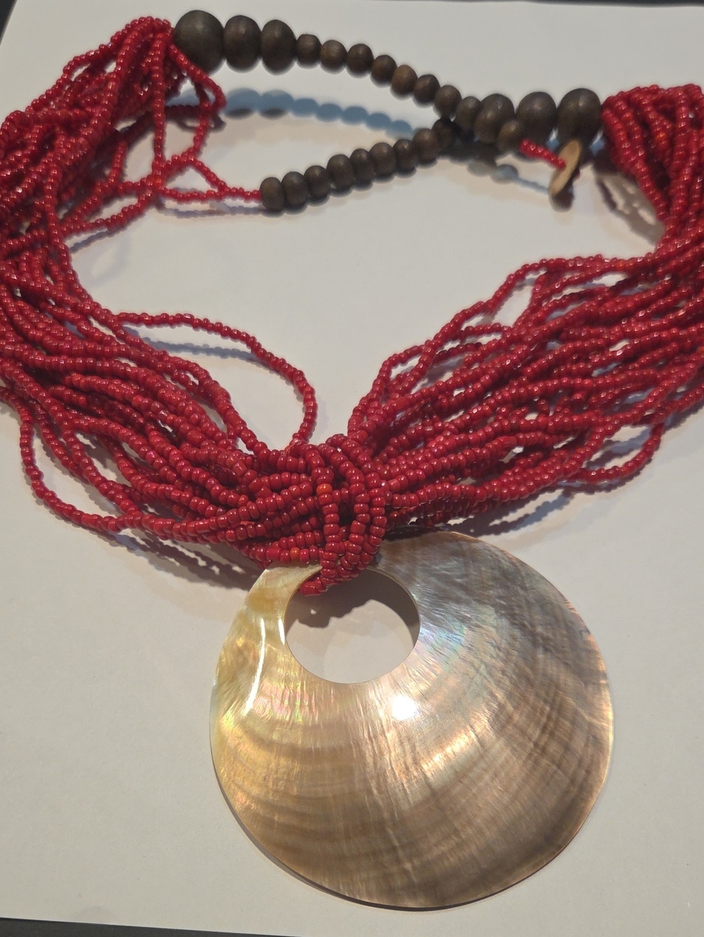 Handcrafted Red Beaded Necklace with Mother-of-Pearl Pendant